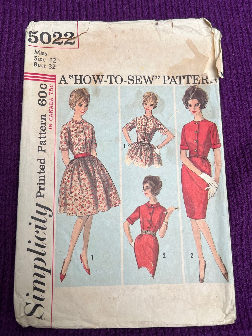Simplicity 5022 pattern dress straight skirt fit and flare 1960s size 12